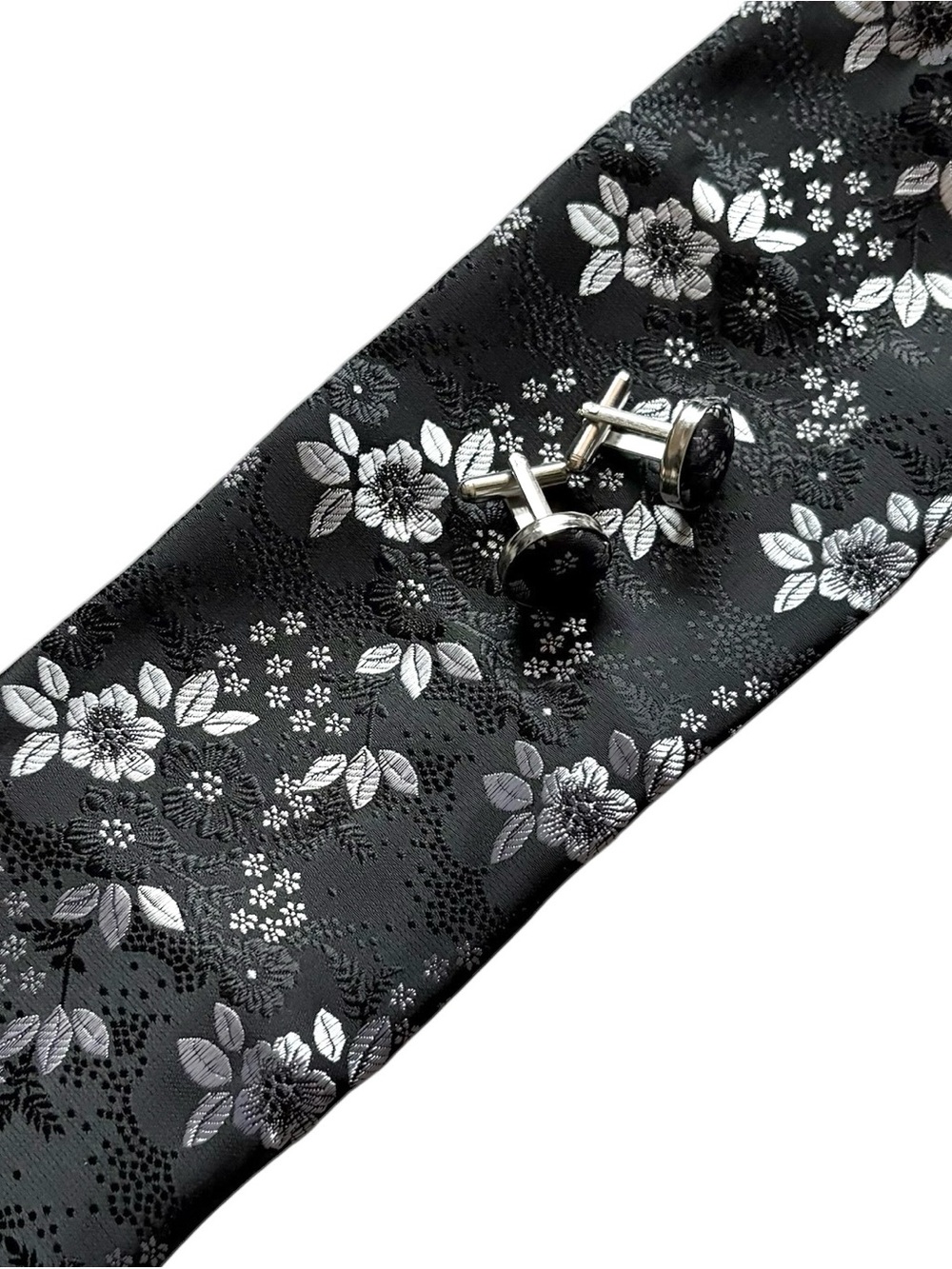 Men's Black & Silver Floral Round Bullet Back Metal Cufflinks and pocket square